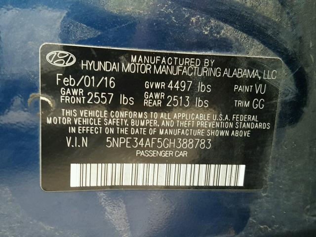 5NPE34AF5GH388783 - 2016 HYUNDAI SONATA SPO BLUE photo 10