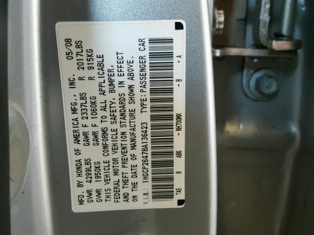 1HGCP26478A136423 - 2008 HONDA ACCORD LXP SILVER photo 10