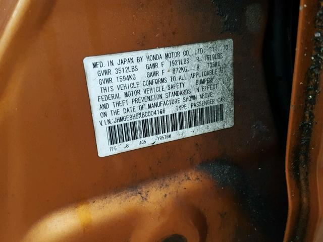 JHMGE8H5XBC004166 - 2011 HONDA FIT SPORT ORANGE photo 10