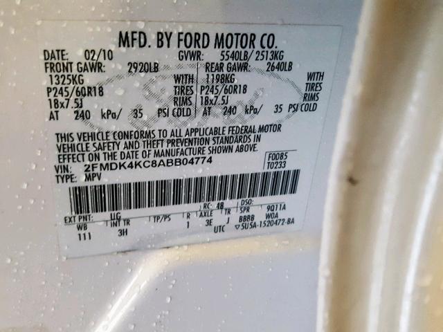 2FMDK4KC8ABB04774 - 2010 FORD EDGE LIMIT WHITE photo 10