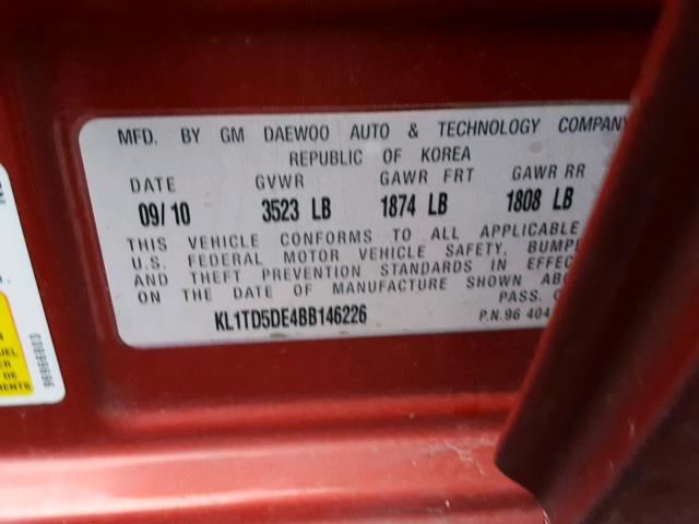 KL1TD5DE4BB146226 - 2011 CHEVROLET AVEO LS RED photo 10