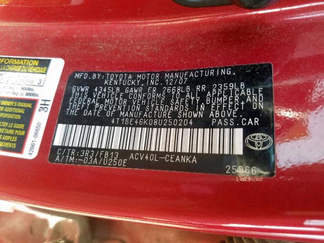 4T1BE46K08U250204 - 2008 TOYOTA CAMRY CE RED photo 10