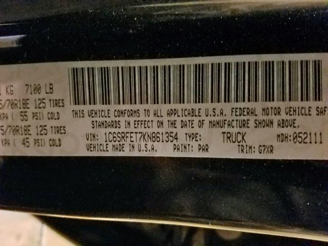 1C6SRFET7KN861354 - 2019 RAM 1500 REBEL გრაფიტი ფოტო 10