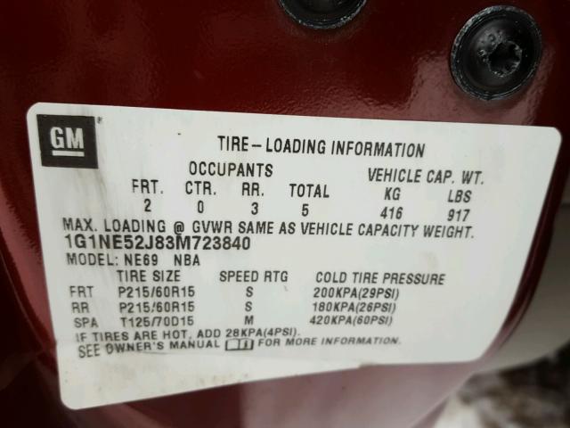 1G1NE52J83M723840 - 2003 CHEVROLET MALIBU LS Bordo foto 10