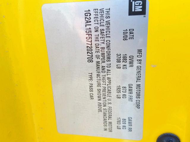 1G2AL15F577202708 - 2007 PONTIAC G5 YELLOW photo 10
