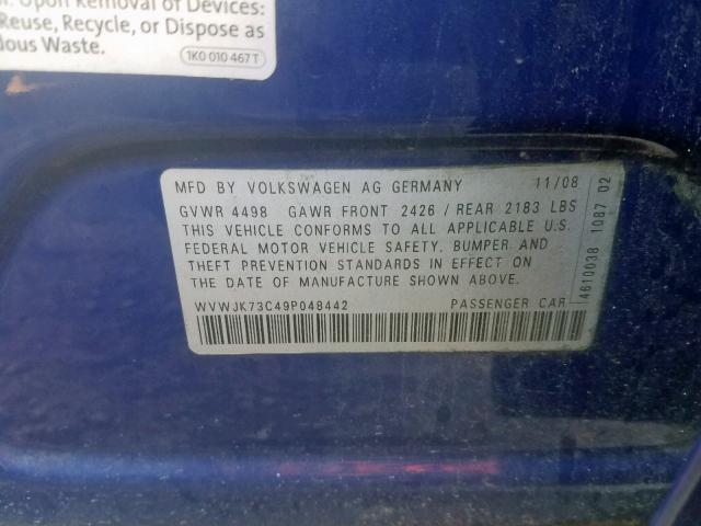 WVWJK73C49P048442 - 2009 VOLKSWAGEN PASSAT TUR BLUE photo 10