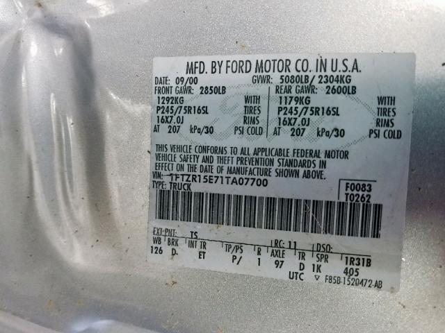 1FTZR15E71TA07700 - 2001 FORD RANGER SUP SILVER photo 10