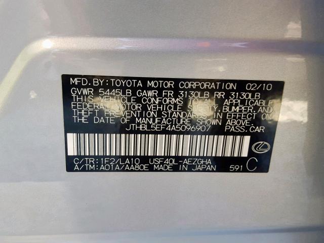 JTHBL5EF4A5096907 - 2010 LEXUS LS 460 SILVER photo 10