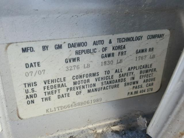 KL1TD66688B061989 - 2008 CHEVROLET AVEO BASE Gümüş foto 10