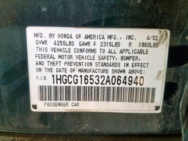 1HGCG16532A064940 - 2002 HONDA ACCORD EX GREEN photo 10