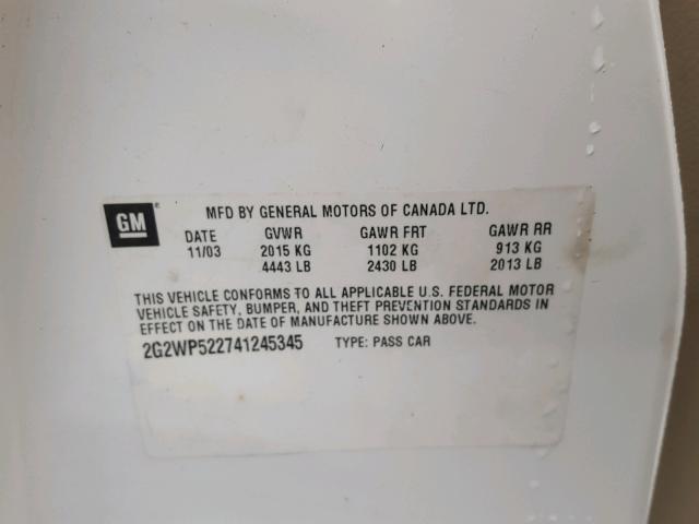 2G2WP522741245345 - 2004 PONTIAC GRAND PRIX WHITE photo 10