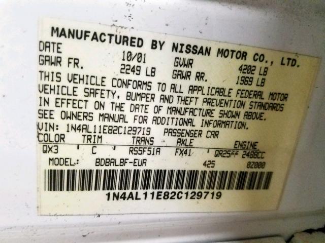 1N4AL11E82C129719 - 2002 NISSAN ALTIMA BAS WHITE photo 10