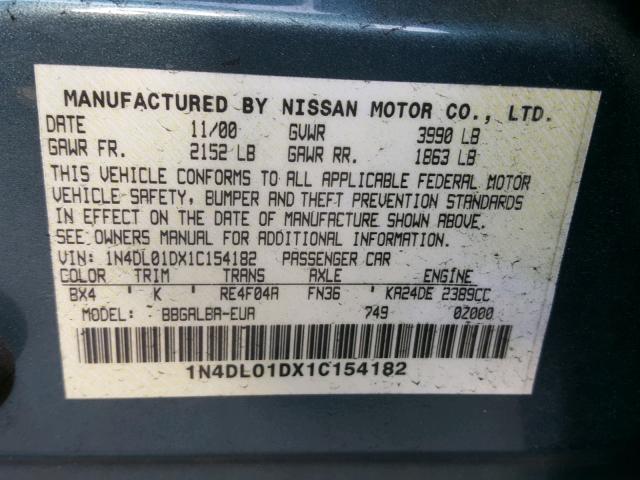 1N4DL01DX1C154182 - 2001 NISSAN ALTIMA XE BLUE photo 10