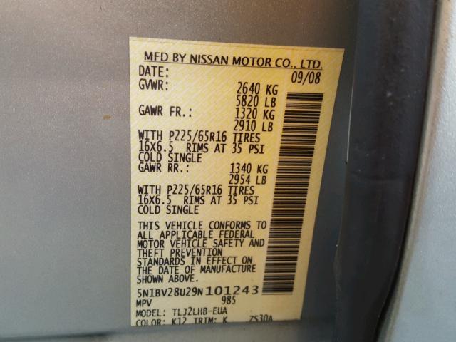 5N1BV28U29N101243 - 2009 NISSAN QUEST S SILVER photo 10