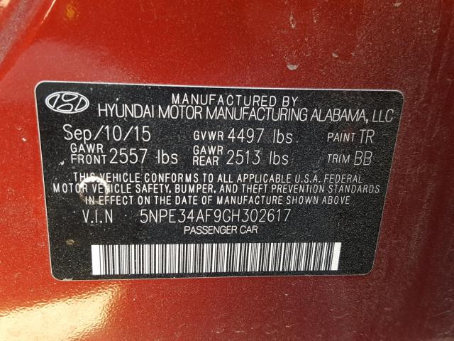 5NPE34AF9GH302617 - 2016 HYUNDAI SONATA SPO RED photo 10