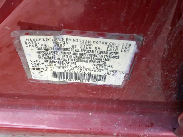 3N1AB61E68L731948 - 2008 NISSAN SENTRA 2.0 MAROON photo 10