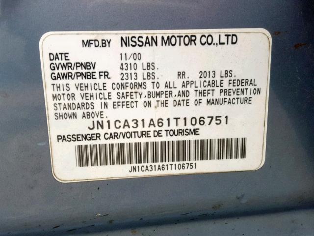 JN1CA31A61T106751 - 2001 NISSAN MAXIMA GXE BLUE photo 10