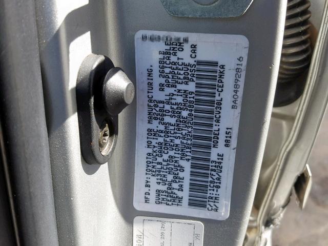 4T1BE32K32U048819 - 2002 TOYOTA CAMRY LE SILVER photo 10