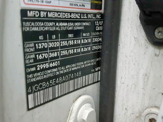 4JGCB65E48A074148 - 2008 MERCEDES-BENZ R 350 WHITE photo 10