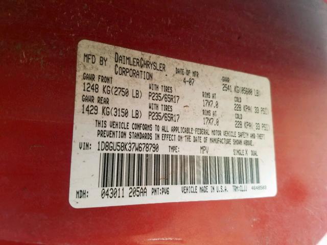 1D8GU58K37W678790 - 2007 DODGE NITRO SLT ORANGE photo 10