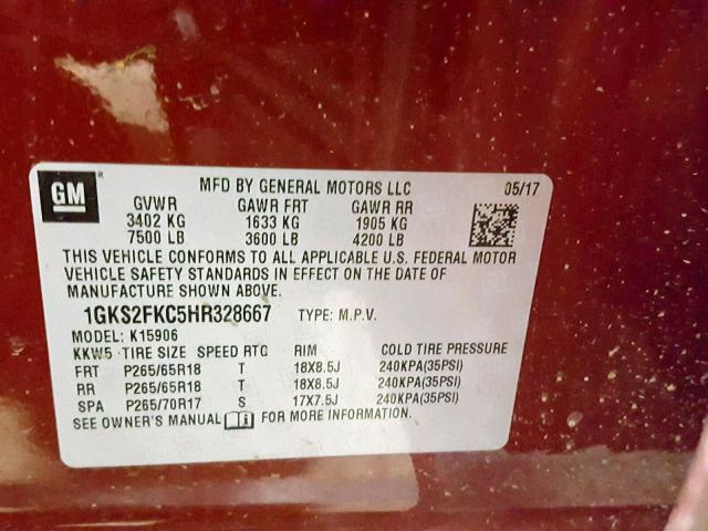 1GKS2FKC5HR328667 - 2017 GMC YUKON XL K MAROON photo 10