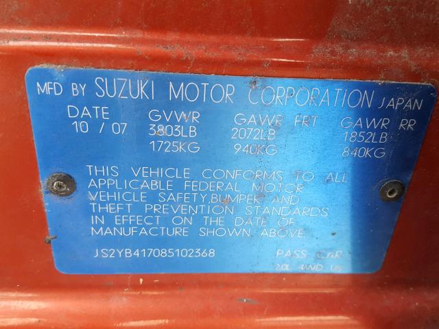 JS2YB417085102368 - 2008 SUZUKI SX4 TOURIN ORANGE photo 10