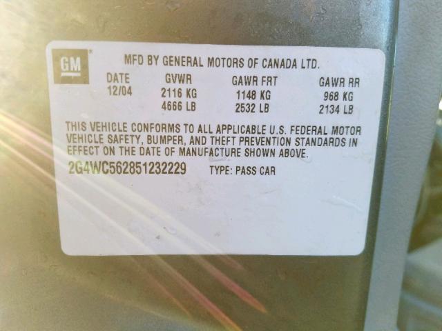 2G4WC562851232229 - 2005 BUICK LACROSSE C GRAY photo 10