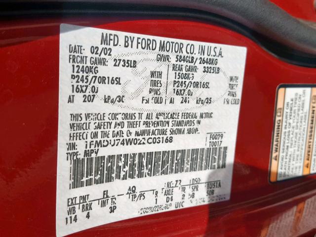 1FMDU74W02ZC03168 - 2002 FORD EXPLORER E RED photo 10