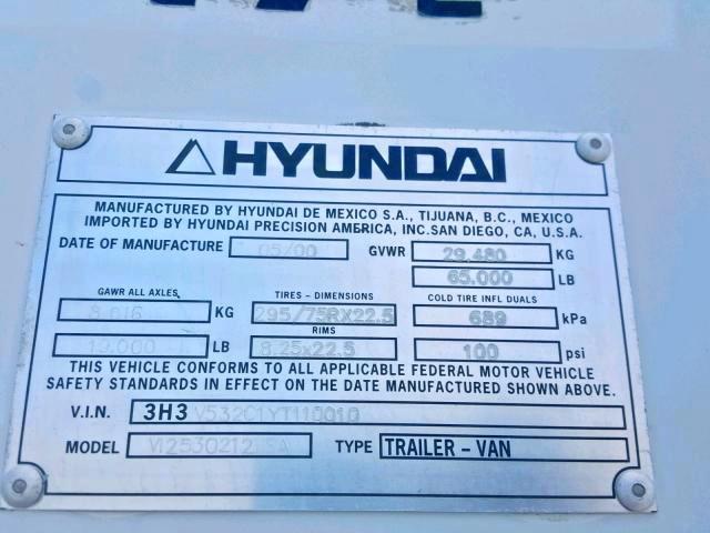 3H3V532C1YT110010 - 2000 HYUNDAI DRYVAN WHITE photo 10