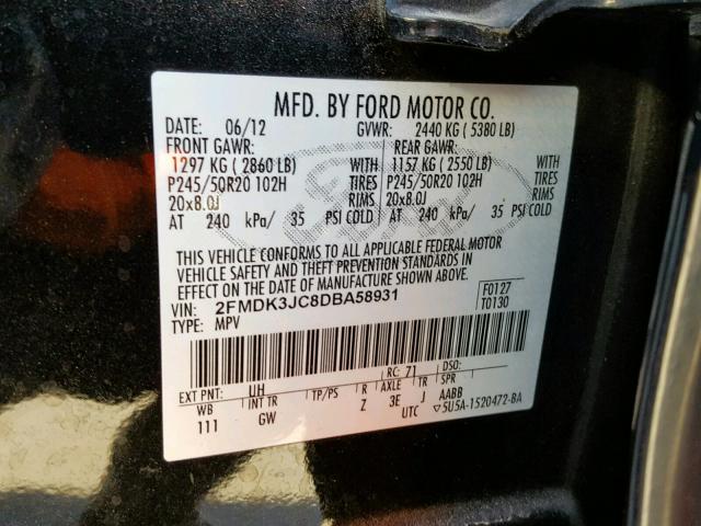 2FMDK3JC8DBA58931 - 2013 FORD EDGE SEL BLACK photo 10