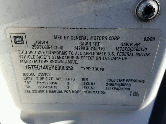 1GTEC14V5YE900352 - 2000 GMC NEW SIERRA WHITE photo 10