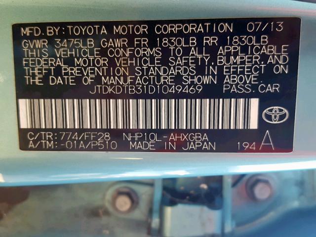 JTDKDTB31D1049469 - 2013 TOYOTA PRIUS C BLUE photo 10