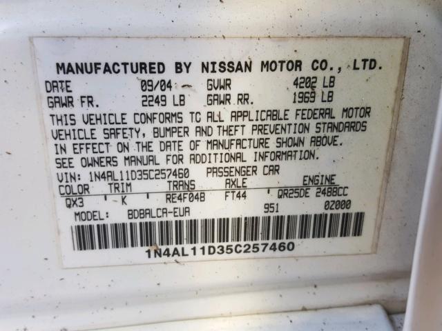 1N4AL11D35C257460 - 2005 NISSAN ALTIMA S WHITE photo 10