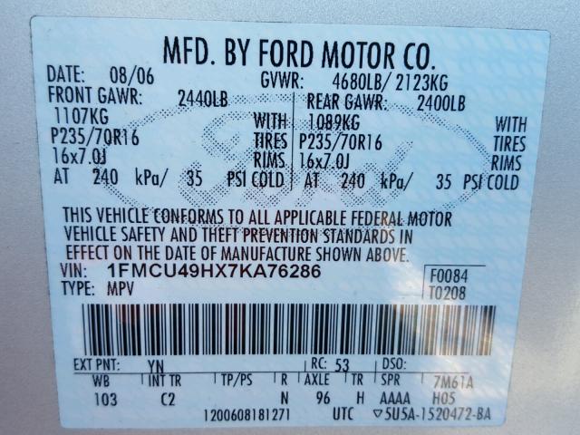 1FMCU49HX7KA76286 - 2007 FORD ESCAPE HEV WHITE photo 10