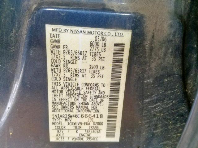 5N1AR18W46C666418 - 2006 NISSAN PATHFINDER BLUE photo 10