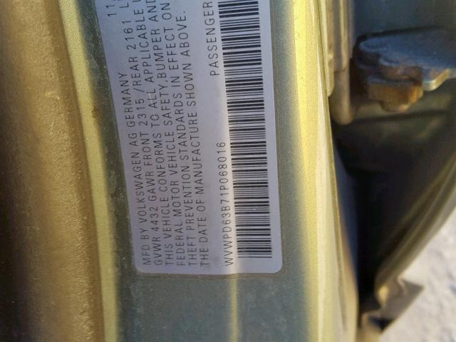 WVWPD63B71P068016 - 2001 VOLKSWAGEN PASSAT GLS GREEN photo 10