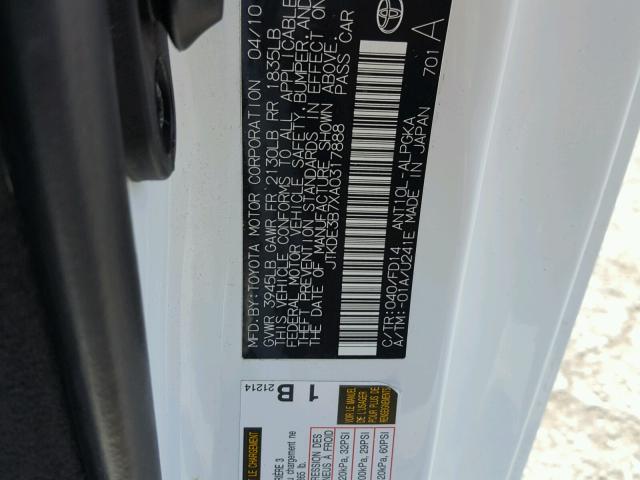 JTKDE3B7XA0317888 - 2010 TOYOTA SCION TC 白色 照片 10