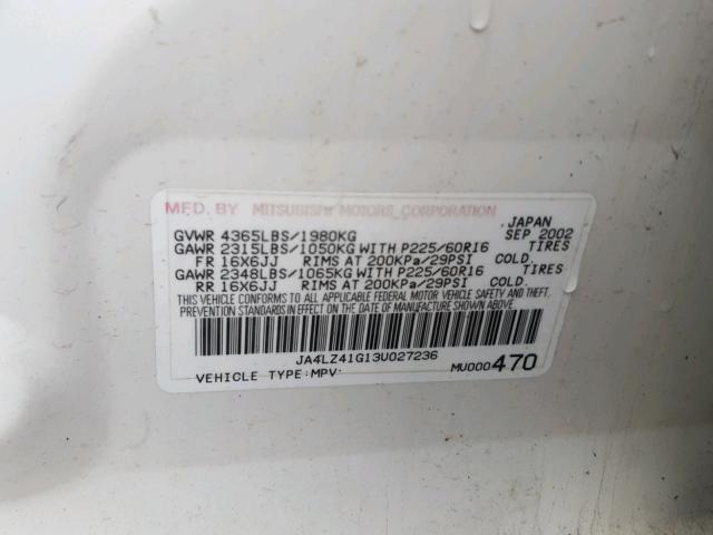 JA4LZ41G13U027236 - 2003 MITSUBISHI OUTLANDER WHITE photo 10