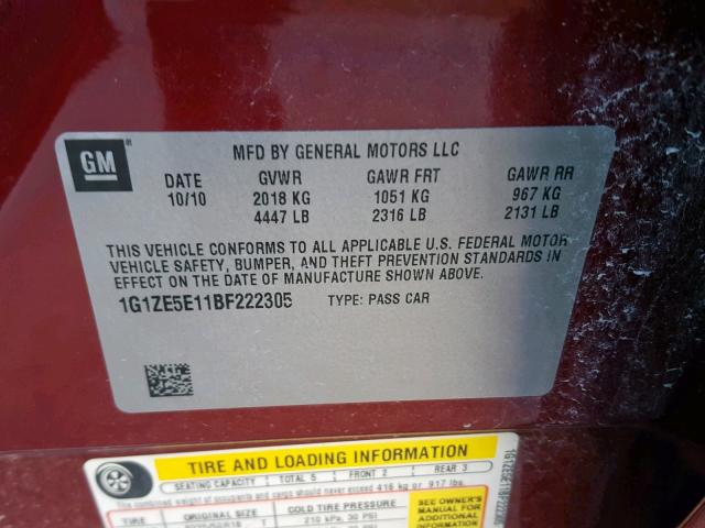 1G1ZE5E11BF222305 - 2011 CHEVROLET MALIBU LTZ მუქწითელი ფოტო 10