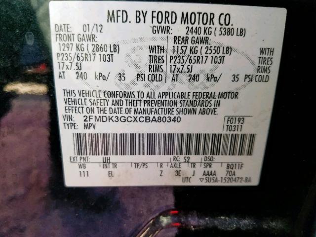 2FMDK3GCXCBA80340 - 2012 FORD EDGE SE BLACK photo 10