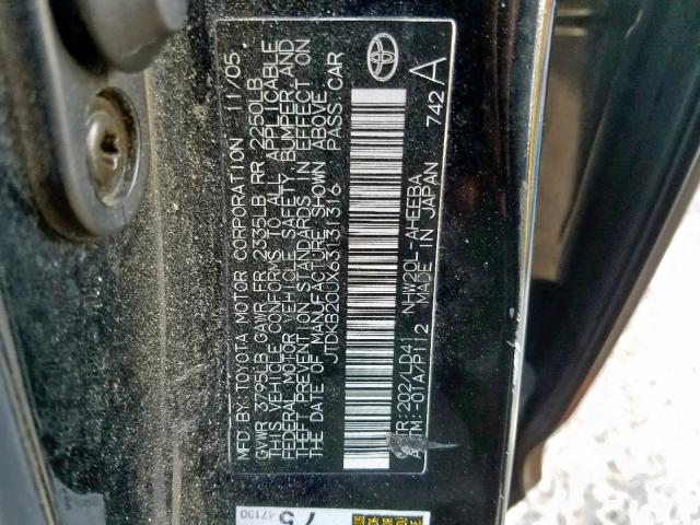 JTDKB20UX63131316 - 2006 TOYOTA PRIUS BLACK photo 10