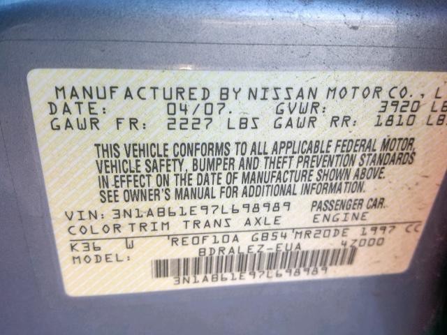 3N1AB61E97L698989 - 2007 NISSAN SENTRA 2.0 SILVER photo 10