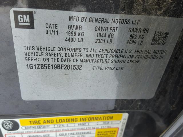 1G1ZB5E19BF281532 - 2011 CHEVROLET MALIBU LS 石墨色 照片 10