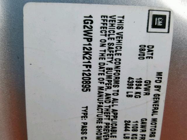 1G2WP12K21F120895 - 2001 PONTIAC GRAND PRIX SILVER photo 10