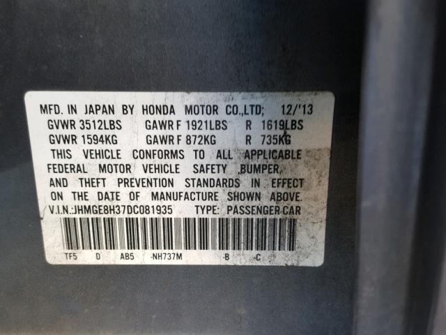 JHMGE8H37DC081935 - 2013 HONDA FIT CHARCOAL photo 10