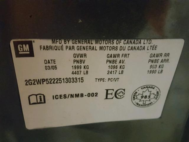 2G2WP522551194199 - 2005 PONTIAC GRAND PRIX GRAY photo 10