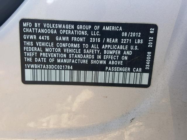 1VWBH7A33DC021784 - 2013 VOLKSWAGEN PASSAT SE SILVER photo 10