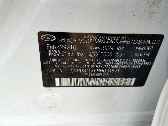 5NPD84LF6HH034671 - 2017 HYUNDAI ELANTRA WHITE photo 10