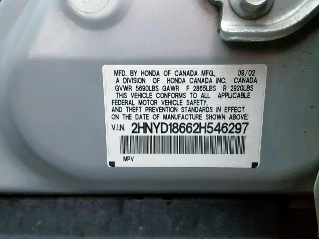 2HNYD18662H546297 - 2002 ACURA MDX TOURIN SILVER photo 10