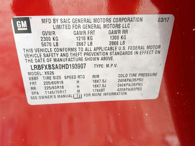 LRBFXBSA0HD193907 - 2017 BUICK ENVISION E RED photo 10